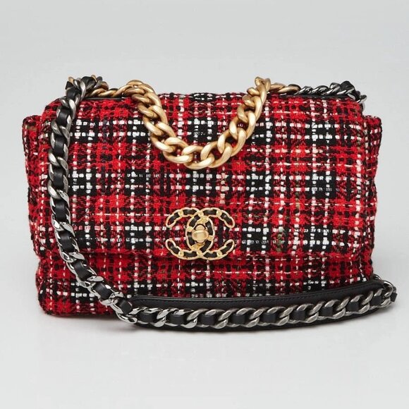 Chanel Red/Black Quilted Tweed Small Chanel 19 Bag - Picture 2 of 9